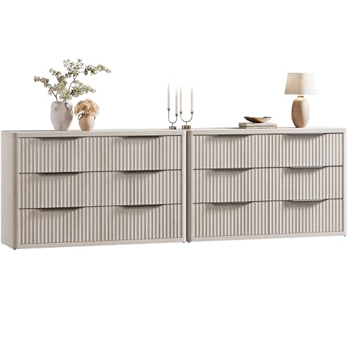 SICOTAS Dresser for Bedroom 107" Wide 6 Drawer Dressers & Chests of Drawers for Closet Long Large Modern TV Stand Set for Clothes Storage Fluted Wide Clothes Closet for Hallway Entryway, White Alder