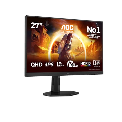AOC Q27G4XF 27 inch WQHD Gaming Monitor 180Hz, Fast IPS Panel, 1ms GtG, HDR10, G-Sync Compatible, Height Adjustment, (2560x1440 HDMI 1x 2.0 DP 1x 1.4) Black