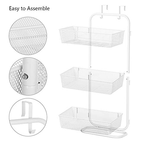 Over the Door Basket Organizer 3 Tier Hanging Storage Basket Organizer Rack with 2 Hooks and 3 Basket for Kitchen Bathroom Pantry, White