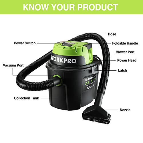 WORKPRO Wet/Dry Vacuum 2.5 Gallon 3 Peak Horsepower, Portable Shop Vacuum Cleaner for Home/Jobsite Dust Collection Job with Attachments