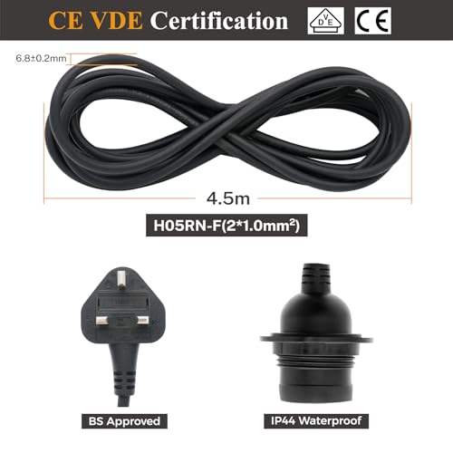 FIRMERST Outdoor Pendant Light Fitting with Plug, E27 Lamp holder 4.5m Rubber Cable IP44