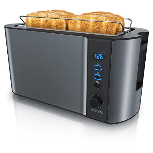Arendo - Edelstahl Toaster Langschlitz 4 Scheiben, Defrost, wärmeisolierendes Gehäuse, mit integriertem Brötchenaufsatz, 1500W, Krümelschublade, Displ