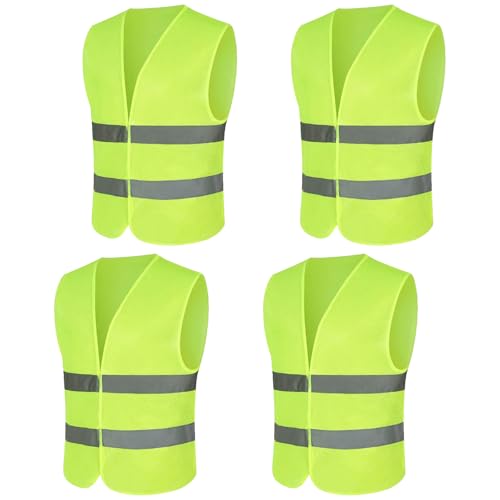 4 Pack Reflective Vest | Fluorescent Vest with Reflective Strips | High Visibility Vest for Car, Construction | Fluorescent Green