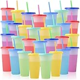 Komphy 30 Pack Reusable Plastic Tumblers Bulk, 24 oz Color Changing Cups with Lids & Straws, Drink Water Cups Travel Mug Tumblers for Iced Beverage Water Smoothie Coffee Party(5 Colors)