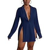 LYANER Women's Collar V Neck Button Down Shirt Dress Long Sleeve Slit Sexy Shirt Dresses Navy Blue Medium
