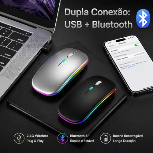 Mouse Bluetooth Recarregável sem Fio Dupla Conexão, e USB, Wireless Mouse compatível com iPhone, MacBook,iPad,Laptop,PC,Notebook, Tablet,Ergonômico, Premium Yecna (Preto)