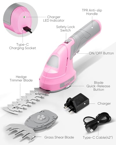 SHALL Cordless Grass Shears, Hedge Trimmer,pink 7.2V Electric Shrub Shears 2 in 1 Handheld Grass Cutter