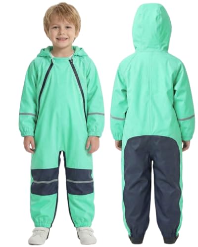 JiAmy Kids Toddler Rain Suit Waterproof Coverall, Hooded Full-Body Raincoat for Boys & Girls, Puddlesuit with Reflective Strips for Outdoor Play, Rainy Walks & Muddy Days,Green,1-2 Years