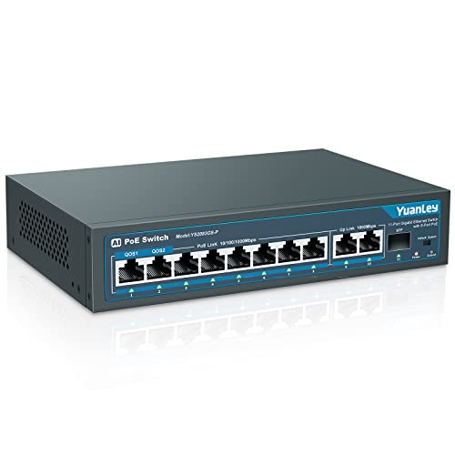 YuanLey 11 Ports Gigabit PoE Switch, 8 1000Mbps PoE+ Ports, 2 Gigabit Uplink, 1 SFP Port, 120W 802.3af/at, Metal, Qos, Smart AI Detection Ethernet Switch Plug and Play