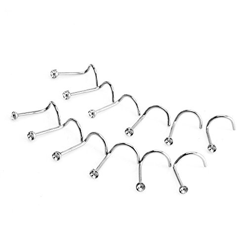 CrazyPiercing 12pcs Wholesale Lot Bling-Bling Crystal Rhinestone Stainless Steel Body Piercing Jewelry Nose Ring, Hypoallergenic, 20 Gauge