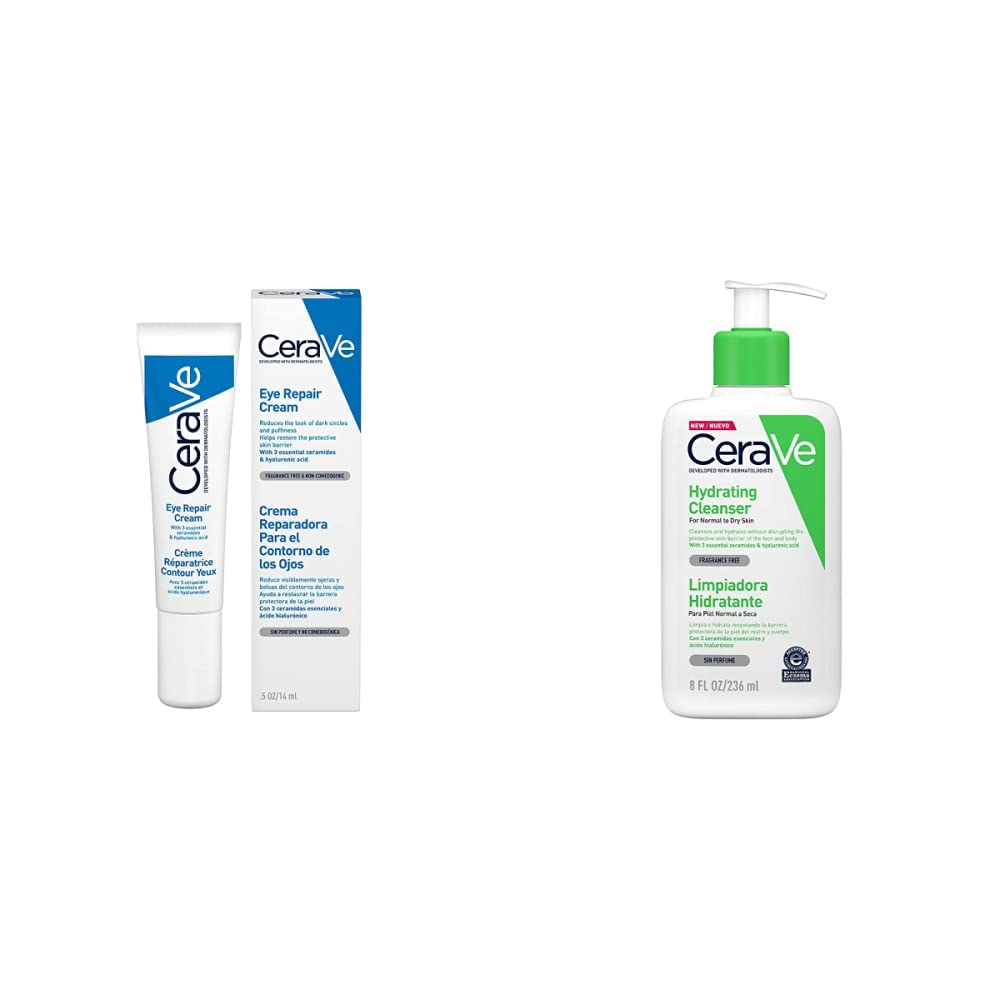 CeraVe Eye Repair Cream | 14 ml/0.5 oz | Eye Cream for Dark Circles & Puffiness & Hydrating Cleanser | 236ml/8oz | Daily Face & Body Wash for Normal to Dry Skin