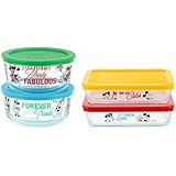 Pyrex 8 件式玻璃食品儲存容器組,4 杯和 3 杯裝裝飾圓形餐點和矩形準備容器,無毒,不含雙酚 A 的蓋子,Disney Mickey 和朋友們