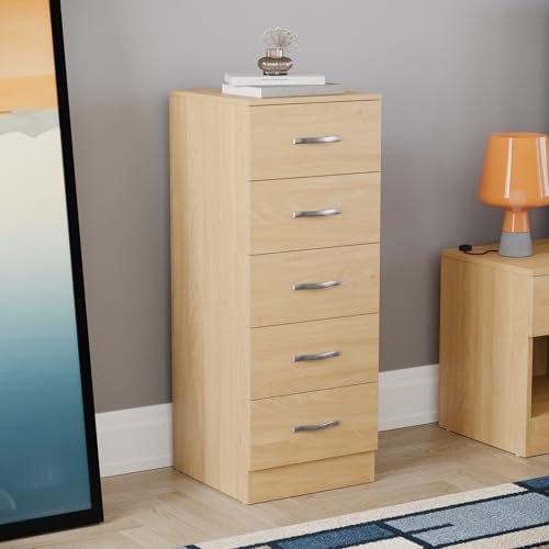 Vida Designs 5 Drawer Narrow Chest Tall Bedroom Storage Unit Sliding Drawers Bedroom Furniture (Pine)