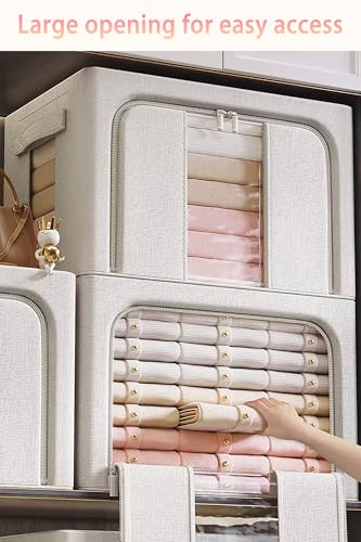 Clothes Organizer, 2 Pack Foldable Metal Frame Clothing Storing Bins with Double Visable Window, Large Capacity Cloth Container with Reinforced Handles, Storage Box, (Cream Yellow)