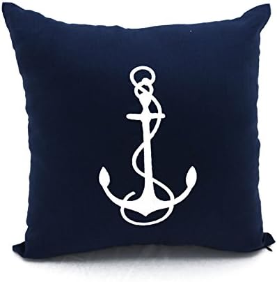 Decorative Couch Pillow Case Navy Blue White Nautical Sailing Decor Anchor Embroidered Cotton Linen Square Cushion Cover (20 inch x 20 inch)