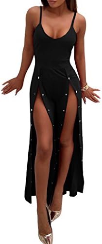 Sunfury Cami Jumpsuit for Women Button Down Slit Front Wide Leg High Waist Romper Clubwear Black M