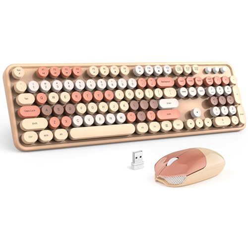 MOFII Kabellose Tastatur und Maus, Milchtee, bunte runde Tasten-Tastaturen, 2,4 G Tastatur in voller Größe und niedliche kabellose Mäuse, USB-Empfänge