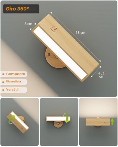 DetarZinLED Wall Lamp with USB Charging Battery, Rechargeable Bedside Lamp, Adhesive Interior Wall Lamps for Bedroom without Cable (Beech Wood, 2 Pcs)