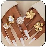 Systechy Chunky Gold Stackable Rings Set for Women Pearl Flower Rings Sets Dainty Carved Signet Joint Finger Midi Rings Pack Adjustable Chunky Knuckle Ring Statement Stacking Ring Pack