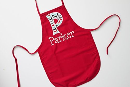 Child Size Red Apron with Name and Chevron Initial, Kids Apron, Toddler Apron