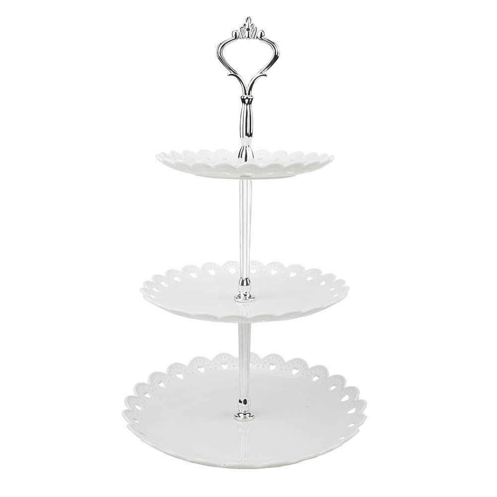 3-Tier White Silver Plastic Dessert Stand Pastry Stand Cake Stand Cupcake Stand Holder Serving Platter for Party Wedding Home Decor-Small