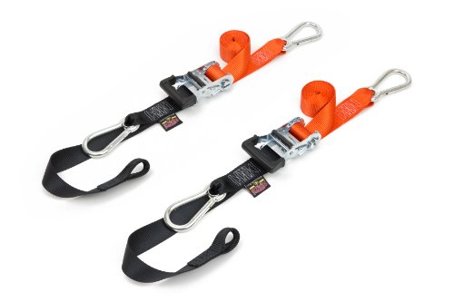 PowerTye 1½" x 6½ft Heavy-Duty Ratchet Tie-Downs, Made in USA with Soft-Tye and Carabiner Hooks + Storage Bag, Orange/Black (pair)