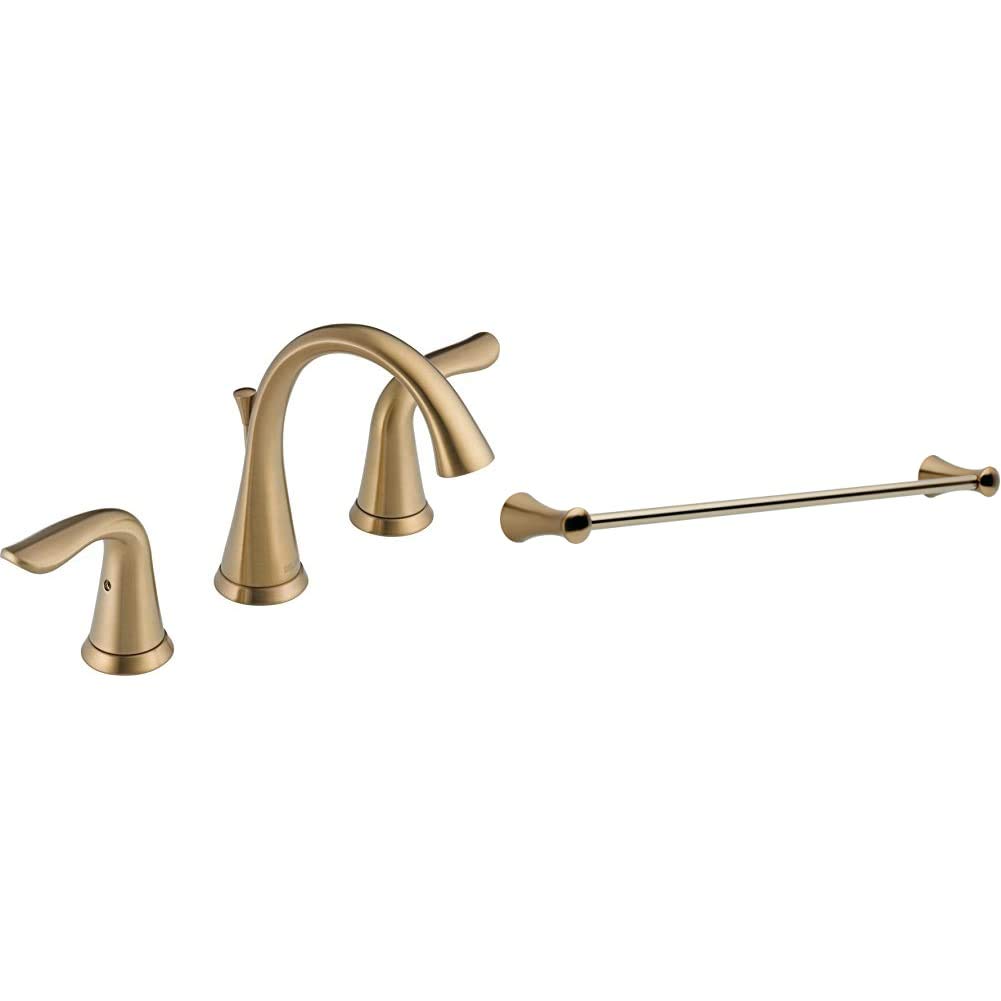 Delta Faucet Lahara Widespread Bathroom Faucet 3 Hole, Champagne Bronze 3538-CZMPU-DST & Faucet 73824-CZ Lahara 24-Inch Towel Bar, Champagne Bronze