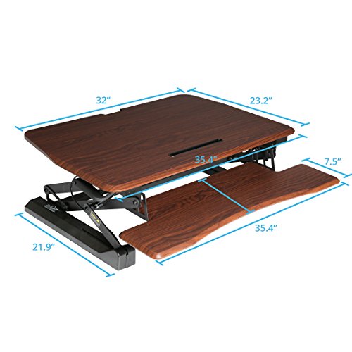 AIRLIFT 35.4" Gas-Spring Standing Desk Converter Workstation | Ergonomic Dual Monitor Riser with Keyboard Tray and Phone/Tablet Holder Height Adjustable to 19.1", Walnut - Thumbnail 2
