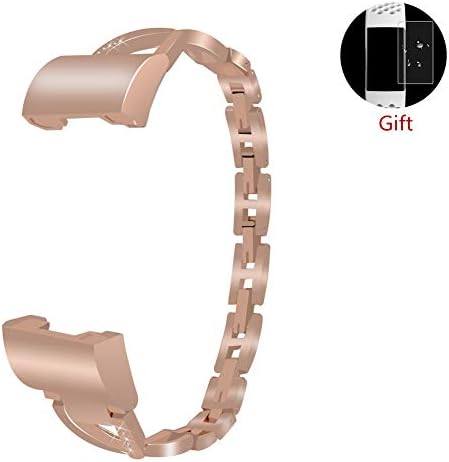 LLGLTEC Smart Watch Band Compatible with Fitbit Charge 3 Metal Alloy X-Shape Watch Strap with Crystal Rhinestone Women Bracelet Accessories Straps Wristband for Fitbit Charge 3 (Rose Gold)