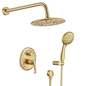 Shower System, Wall Mounted Shower Faucet Set for Bathroom with High Pressure 8" Rain Shower head and 3-Setting Handheld Shower Head, Brushed Gold （Rough in Pressure Balance Valve Included）