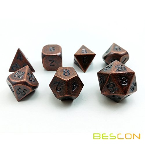 Bescon Antique Copper Solid Metal Polyhedral D&D Dice Set of 7 Old Copper Metal RPG Role Playing Game Dice 7pcs Set