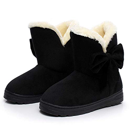 DeerYou Womens Snow Boots Warm Soft Suede Fur-Lined High Ankle Winter Short Booties Withe Bow Black 36-37