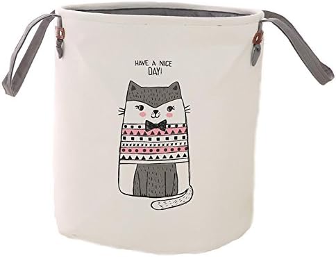 Collapsible Laundry Basket , Dirty Cloth Drawstring Storage Bin Toy Collection Organizer with Two Handles for Nursery Kid's Room - Gray Cat
