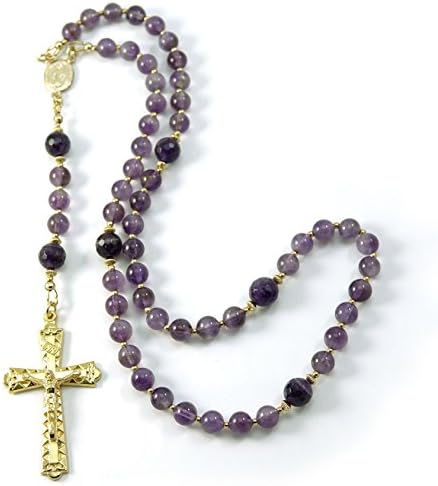 Silver Inches Catholic Amethyst Gemstone Rosary with Gold Filled Beads and Rosary Center Blessed with Anointing Oil (Not a Necklace)