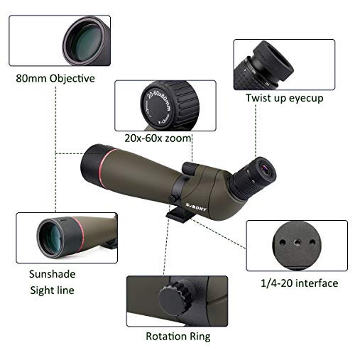 Svbony SV13 20-60x80 Bird Watching Scope with Smartphone Adapter, HD FMC Waterproof Spotting Scope with Carry Bag, Porro Prism Spotting Scope for Sports Shooters Wildlife Scenery