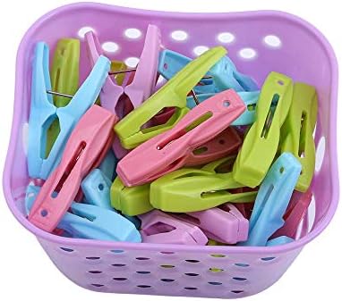 CXUKUN Clothes Clips 30-Pack in Basket Plastic Clothespin Laundry Windproof Clothespin Photo Paper Pegs Craft Clips Painting Display Clip Kitchen Clip,with Basket - Purple