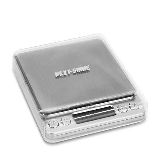 NEXT-SHINE Digital Kitchen Scale 500 x 0.01 Gram, Pocket Size with PCS Tare Switch Weighing Units Function, Stainless Steel Platform
