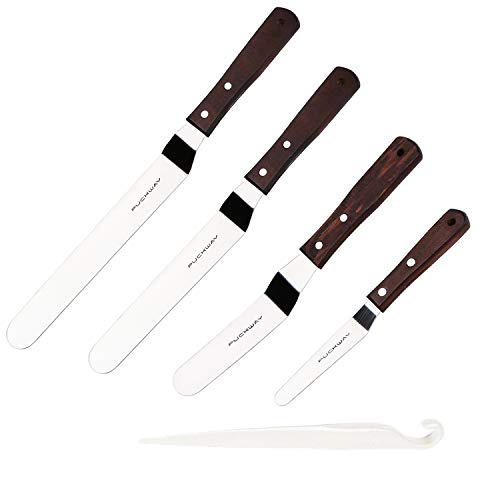 PUCKWAY 4PCS Cake Decorating Angled Icing Spatula set with 4, 6, 8 & 10 Inch Stainless Steel Blade, Wood Handle Offset Frosting Spatulas and Cake Stripping Tool