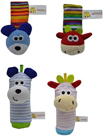 Deardeer 4 x Baby Infant Soft Toy Animal Wrist Rattle And Foots Finder Gift Set Developmental Toys