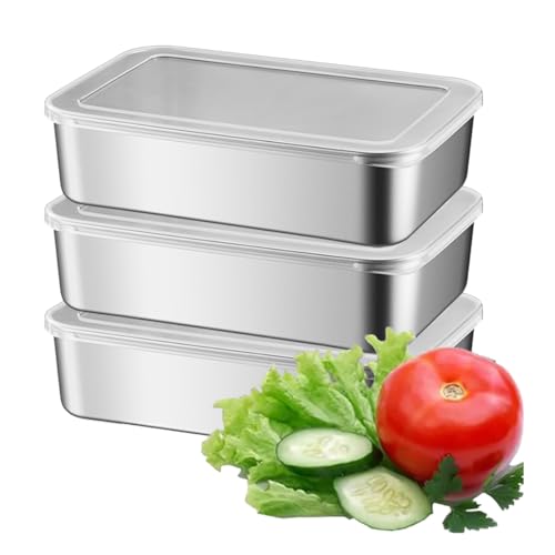 OCEBEEC Contenedores para Alimentos, 3pz Caja de Almacenamiento de Alimentos de Acero Inoxidable, Organización y Almacenamiento de Cocina (3pz Grande)