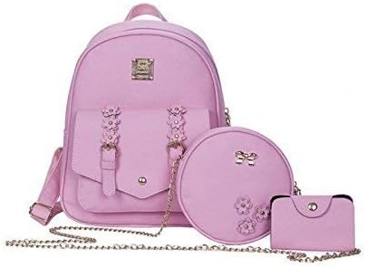 Ergode Set of 3 Pcs PU Leather Women's Bag Rivet Pendant Women Fashion Shoulder Backpacks for Teenage Girls with Purse (Pink)