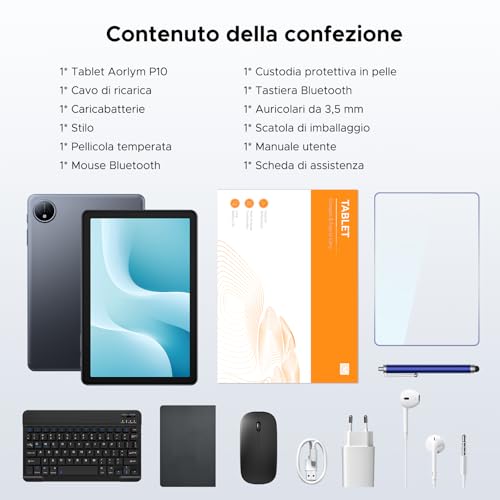 Luzglo P10 Android 16 Tablet 10 Inches, 48GB RAM+128GB ROM/2TB TF, Gemini AI, 90Hz, 7000mAh, WiFi 5, Face ID, OTG, Jack 3.5 mm, Widevine L1, Tablet with Keyboard and Pen, Grey