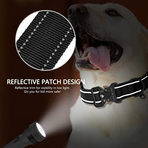 Wide Military Dog Collar with Control Handle Adjustable Quickly Release Metal Buckle Nylon K9 Dog Collar Heavy Duty Training Reflective Collar for Medium Large Dog Pet by WHIPPY, Black, L