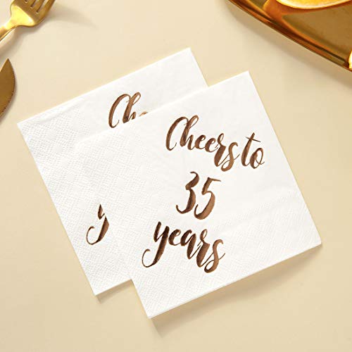 Cheers to 35 Years Cocktail Napkins, 50-Pack 3ply White Rose Gold 35th Birthday Dinner Celebration Party Decoration Napkin