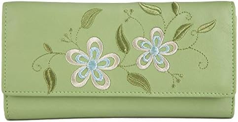 ELLENA"Feather Soft" Embroidary Design 100% Genuine Leather Trifold Clutch Wallet Purse for Women with RFID Protection