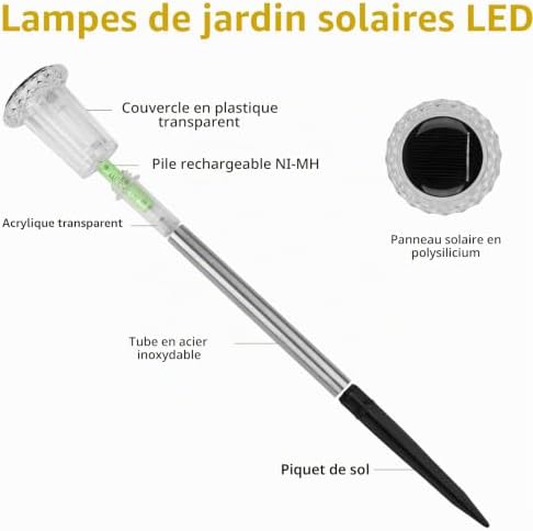 Lampes solaires de jardin LED, lot de 6 lampes solaires blanc chaud, étanches IP44, pour pelouse, jardin et terrasse. Idéales pour l'extérieur.