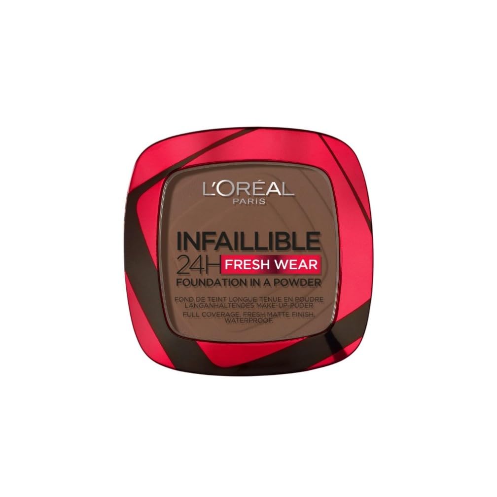 L'Oréal Paris Infallible 24H Fresh Wear Foundation in a Powder, Full-coverage, Longwear, Weightless Smooth Finish, Water-proof and Transfer-proof, 390 Ebony