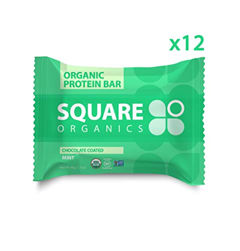 Square Organics Organic Chocolate Coated Protein Bar, Mint (12 Count) 1.7 Oz. , Gluten-Free Soy-Free Dairy-free Vegan High Protein Snack