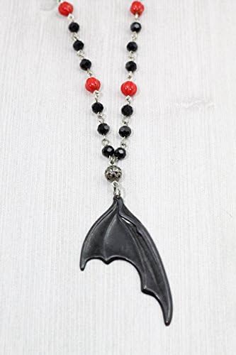 Red Black and Silver-Tone Bat Wing Beaded Halloween Necklace, 18" Adjustable Length