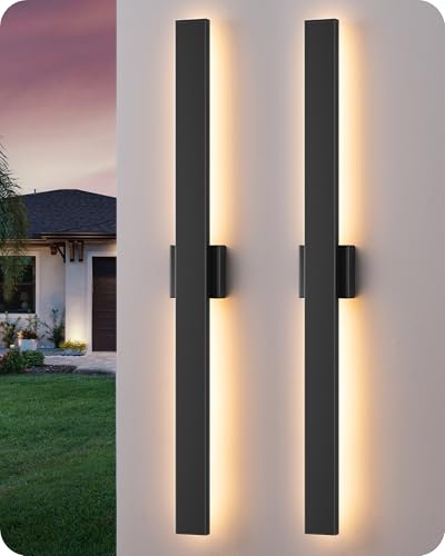 EDISHINE 2 Pack Modern Outdoor Wall Lights, 39.3" Dimmable Led Outdoor Wall Sconce, 3CCT, Iron & PC Material, 28W Waterproof Exterior Lighting Fixtures, for Front Door, Backyard, Stair, Black